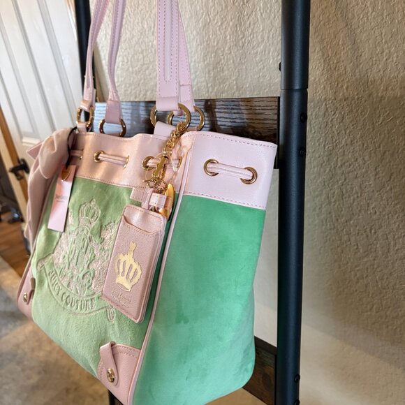 Juicy Couture Classic Scottie Daydreamer Tote Pink Green Velour Y2K - Picture 4 of 6